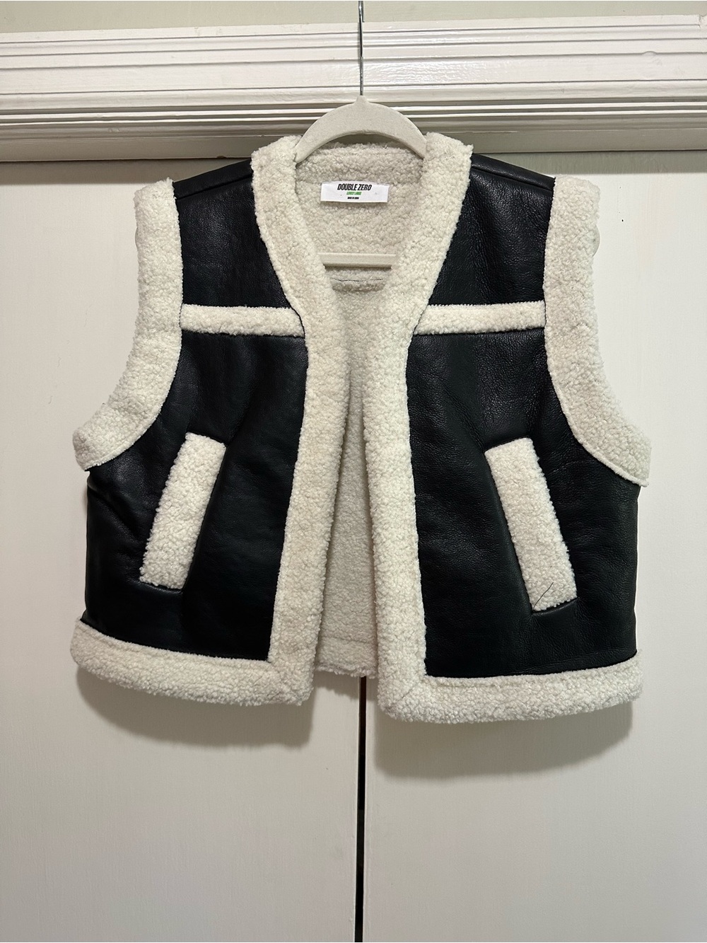 Double Zero Black Faux Leather Vest with Cream Sherpa Trim